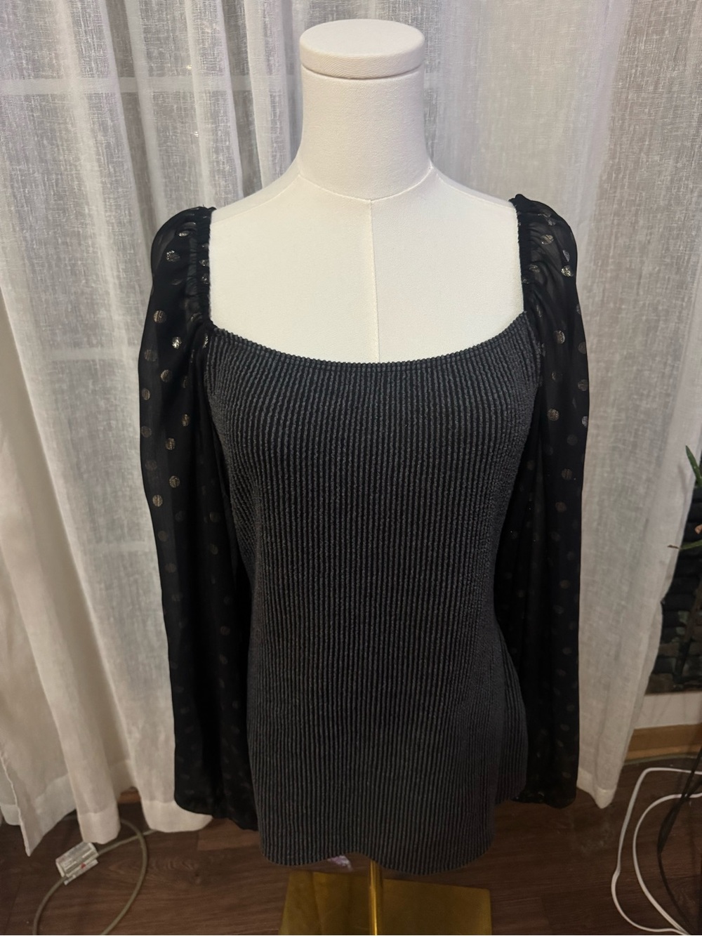 Blue Buttercup Branded Top with Black Ribbed Fabric and Sheer Detail